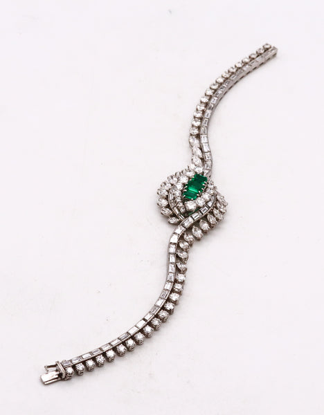 Art Deco 1940 Gia Certified Platinum Bracelet With 16.62 Cts In Diamonds And Colombian Emeralds