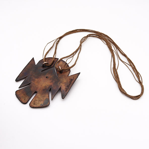 Thomas Gentille 1970 Rare Sculptural Ethnics Necklace In Copper And Silk