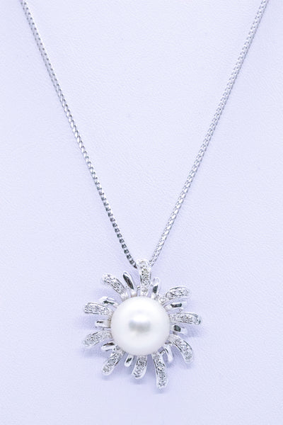 Italian Necklace Chain In 18Kt White Gold With Diamonds And Round 12 MM White Pearl