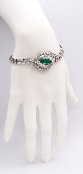 Art Deco 1940 Gia Certified Platinum Bracelet With 16.62 Cts In Diamonds And Colombian Emeralds