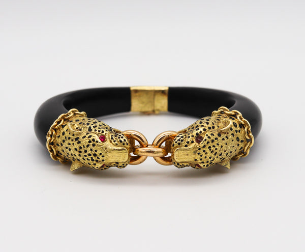 -Gay Freres 1960 Paris Feline Enamel And Wood Bracelet In 18Kt Gold With Rubies