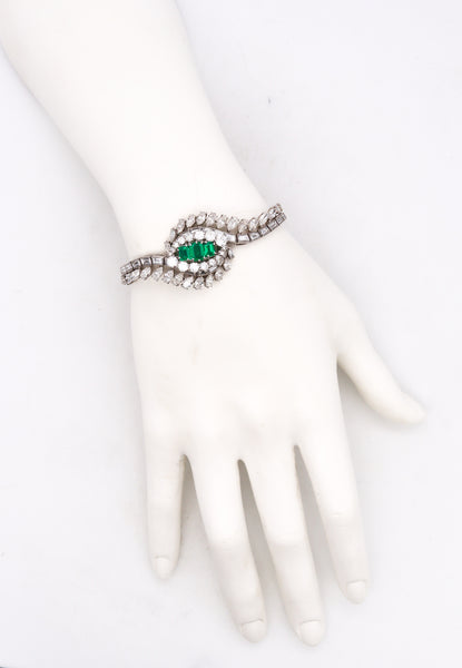 Art Deco 1940 Gia Certified Platinum Bracelet With 16.62 Cts In Diamonds And Colombian Emeralds