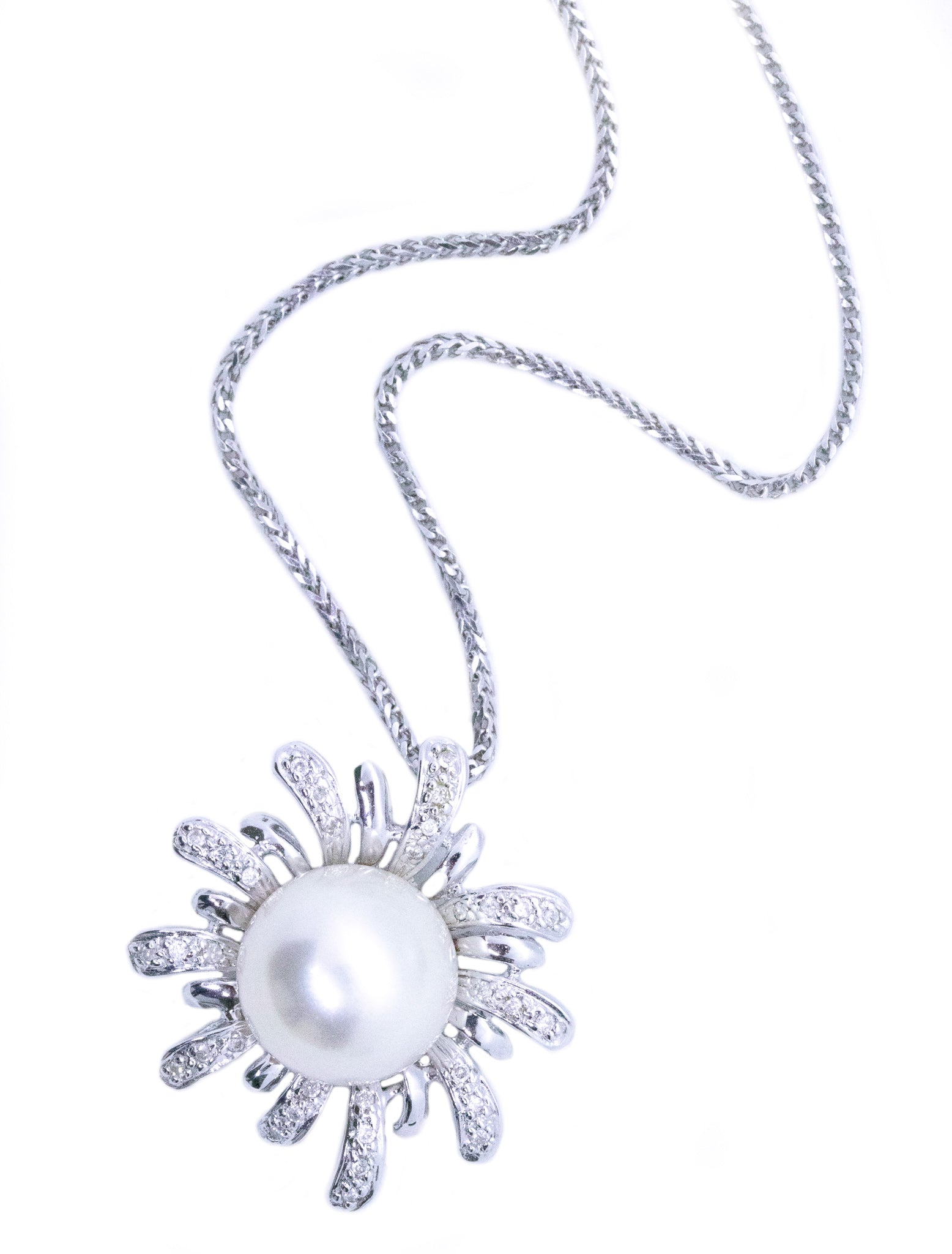 Italian Necklace Chain In 18Kt White Gold With Diamonds And Round 12 MM White Pearl