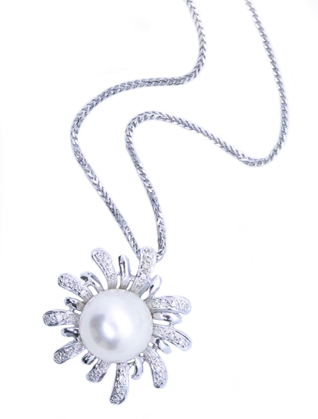 Italian Necklace Chain In 18Kt White Gold With Diamonds And Round 12 MM White Pearl