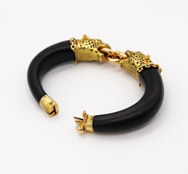 GAY FRERES 1960 Paris Feline Enamel And Wood Bracelet In 18Kt Gold With Rubies
