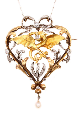 *Art Nouveau British 1880 Dragon Necklace-pendant-brooch in 18 kt with diamonds & natural pearl