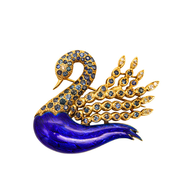 -Modernist 1970 Enameled Swan In 18Kt Gold With 5.52 Ctw In Sapphires And Diamonds