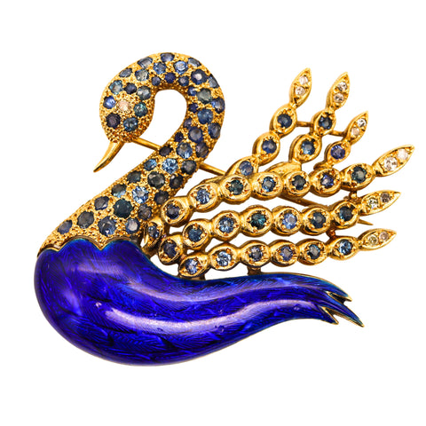 -Modernist 1970 Enameled Swan In 18Kt Gold With 5.52 Ctw In Sapphires And Diamonds
