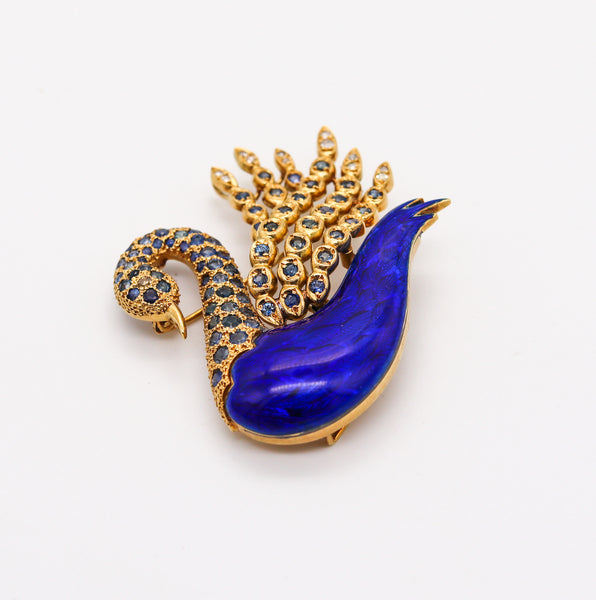 -Modernist 1970 Enameled Swan In 18Kt Gold With 5.52 Ctw In Sapphires And Diamonds