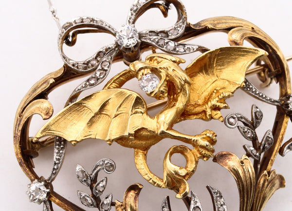 *Art Nouveau British 1880 Dragon Necklace-pendant-brooch in 18 kt with diamonds & natural pearl