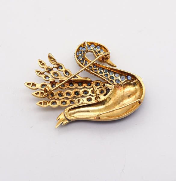 -Modernist 1970 Enameled Swan In 18Kt Gold With 5.52 Ctw In Sapphires And Diamonds
