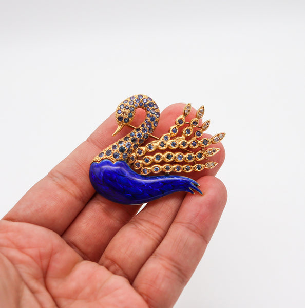 -Modernist 1970 Enameled Swan In 18Kt Gold With 5.52 Ctw In Sapphires And Diamonds