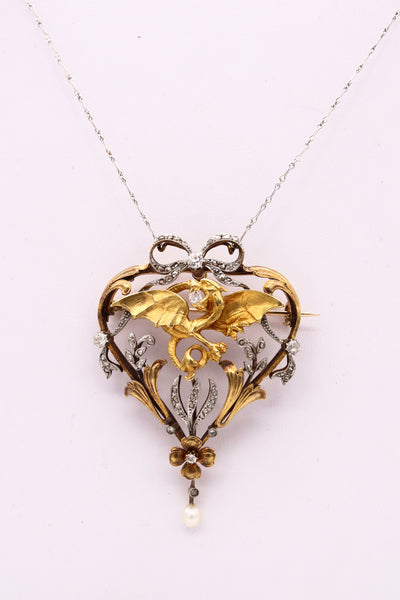 *Art Nouveau British 1880 Dragon Necklace-pendant-brooch in 18 kt with diamonds & natural pearl