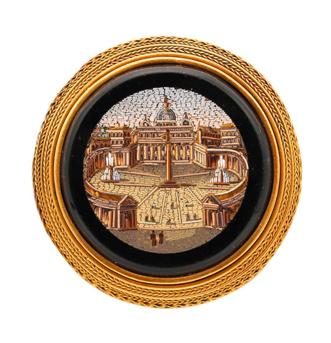 -Roman Revival 1850 Papal Grand Tour Vatican Micro Mosaic Brooch In 22Kt Yellow Gold