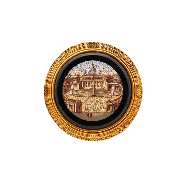 -Roman Revival 1850 Papal Grand Tour Vatican Micro Mosaic Brooch In 22Kt Yellow Gold