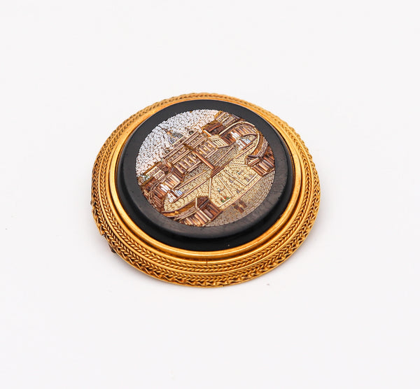 -Roman Revival 1850 Papal Grand Tour Vatican Micro Mosaic Brooch In 22Kt Yellow Gold