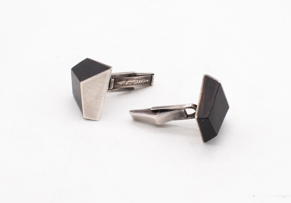 -Esther Lewittes Modernist 1950 Geometric Cufflinks In sterling Silver & Ebony Wood