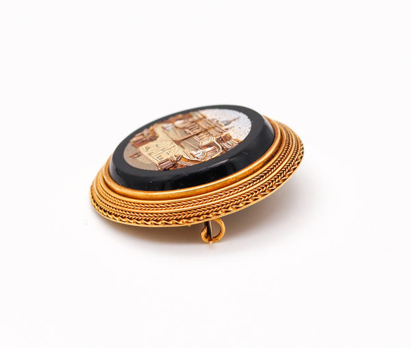 -Roman Revival 1850 Papal Grand Tour Vatican Micro Mosaic Brooch In 22Kt Yellow Gold