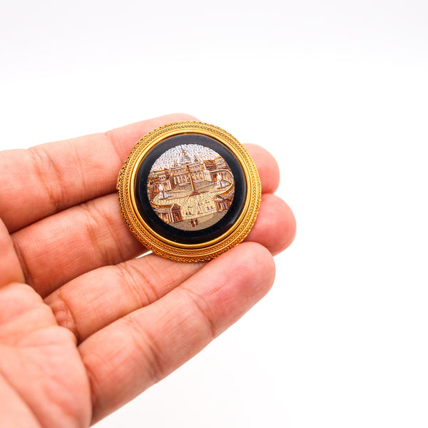 -Roman Revival 1850 Papal Grand Tour Vatican Micro Mosaic Brooch In 22Kt Yellow Gold