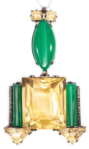 *Germany 1920 Art Deco important geometric necklace in sterling with 155 Ctw in citrines & chrysoprase