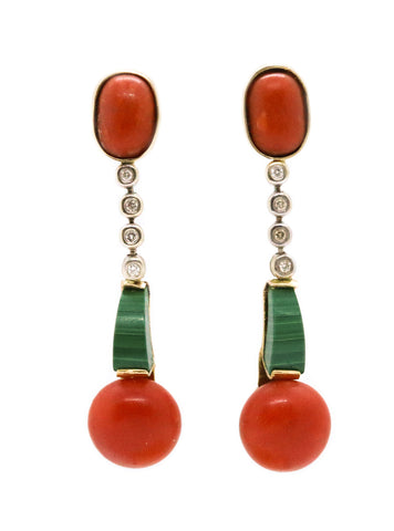 ART DECO REVIVAL MALACHITE, CORAL & DIAMONDS 18 KT EARRINGS