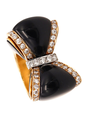 Giorgio Chilleri Bow Cocktail Ring In 18 kt Gold With 1.80 Cts In Diamonds Onyxes And Enamel