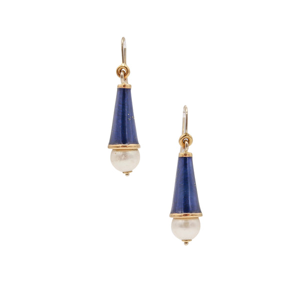 *Italian 1970 Modernist Drop earrings in 18 kt Gold with Enamel and 9 mm White Pearls