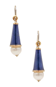 *Italian 1970 Modernist Drop earrings in 18 kt Gold with Enamel and 9 mm White Pearls