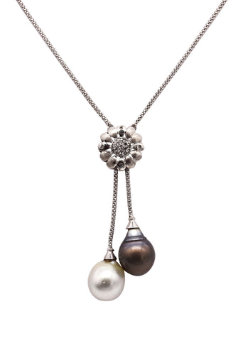 UnoAerre Lariat Necklace In 18Kt Gold With Diamonds And Black And White South Sea Pearls
