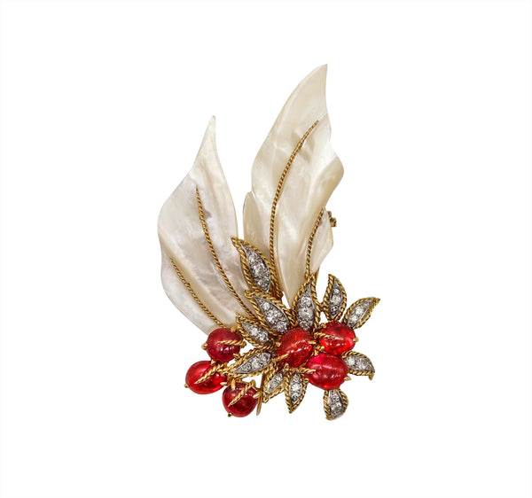 Pierre Sterle Paris 1960 Brooch In 18Kt And Platinum With 12.67 Ctw Diamonds & Burmese Rubies