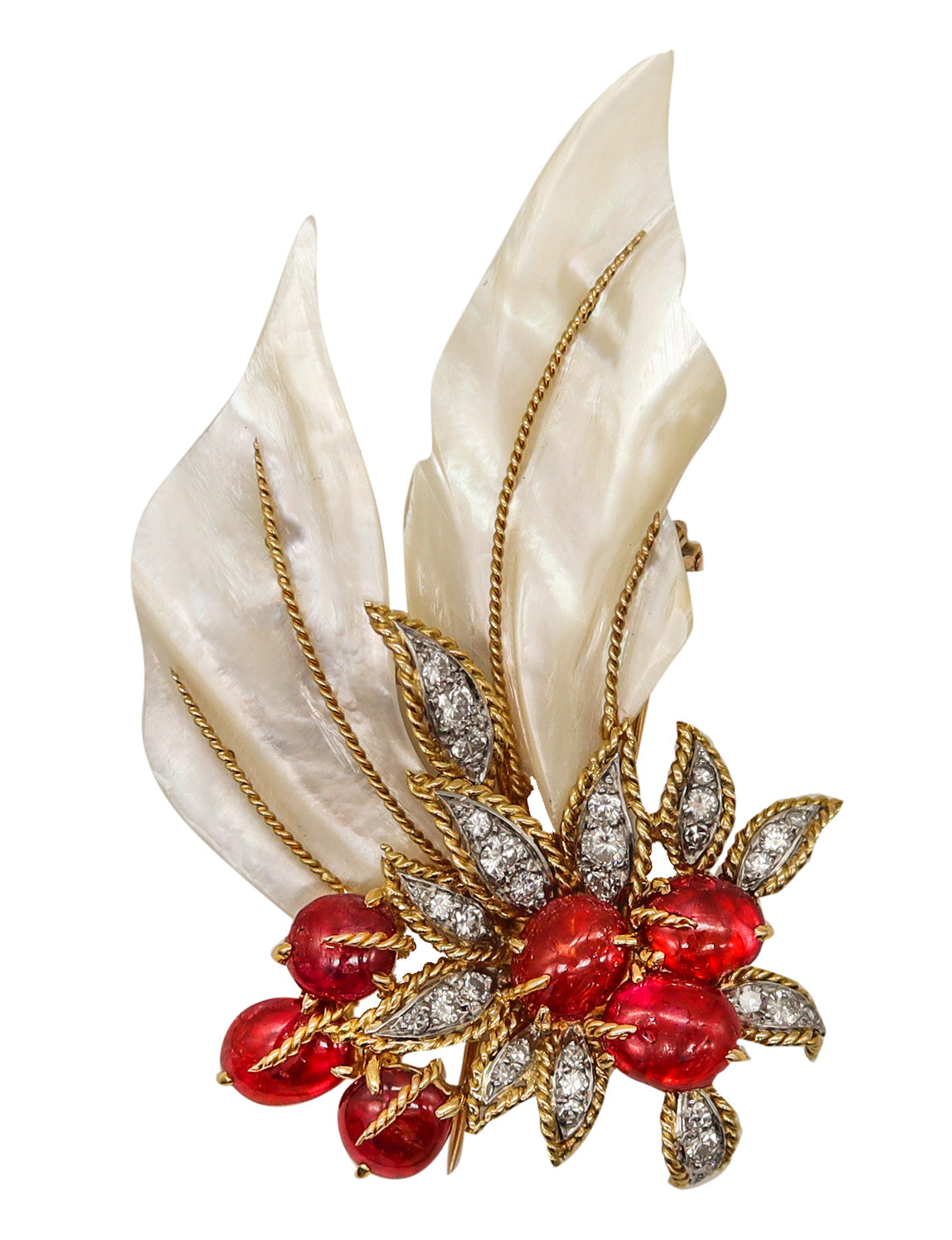 Pierre Sterle Paris 1960 Brooch In 18Kt And Platinum With 12.67 Ctw Diamonds & Burmese Rubies