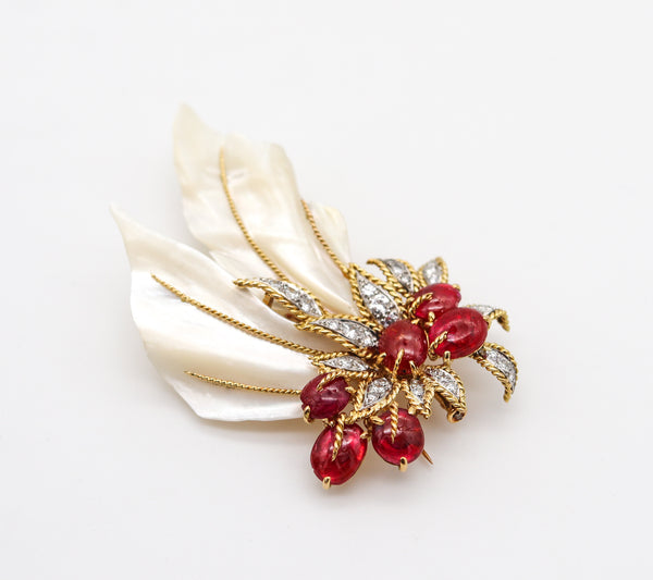 Pierre Sterle Paris 1960 Brooch In 18Kt And Platinum With 12.67 Ctw Diamonds & Burmese Rubies