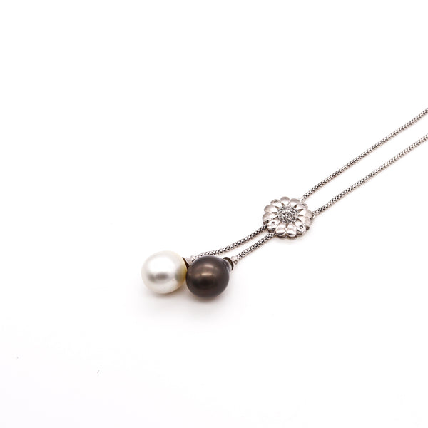 UnoAerre Lariat Necklace In 18Kt Gold With Diamonds And Black And White South Sea Pearls