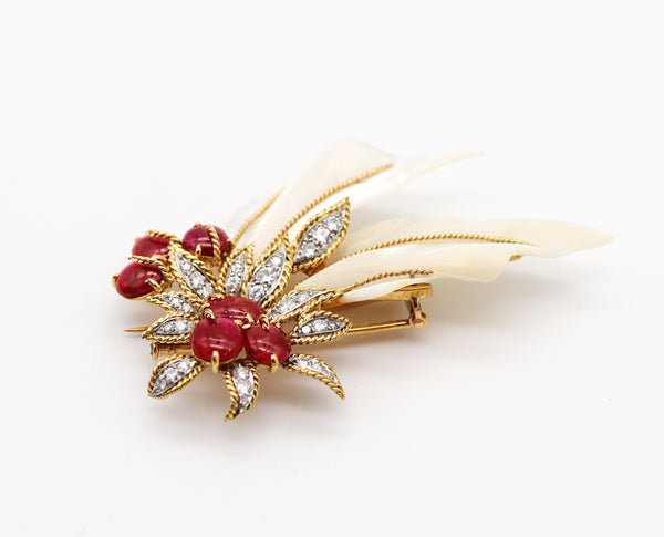 Pierre Sterle Paris 1960 Brooch In 18Kt And Platinum With 12.67 Ctw Diamonds & Burmese Rubies