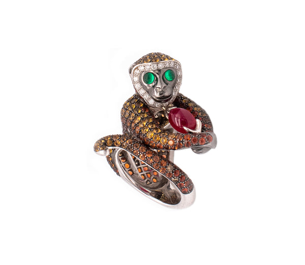*Boucheron Paris Rare Bubu monkey cocktail ring in18 kt white gold with 7.07 Ctw in gemstones
