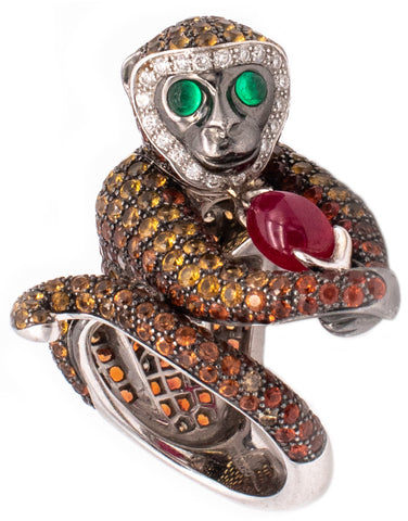 *Boucheron Paris Rare Bubu monkey cocktail ring in18 kt white gold with 7.07 Ctw in gemstones