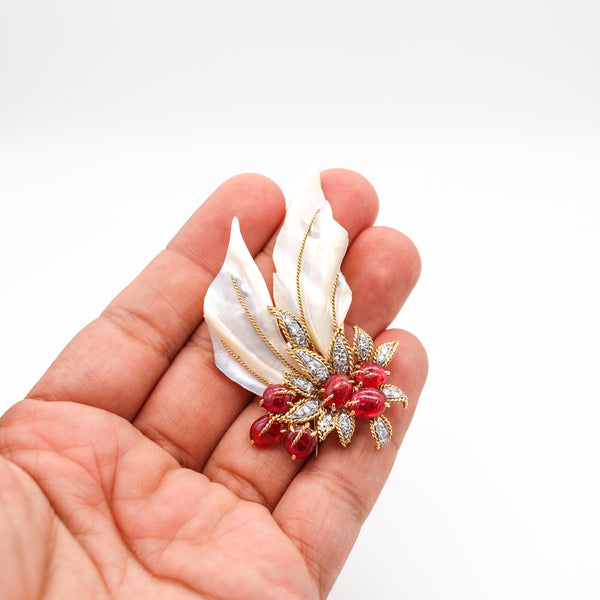 Pierre Sterle Paris 1960 Brooch In 18Kt And Platinum With 12.67 Ctw Diamonds & Burmese Rubies