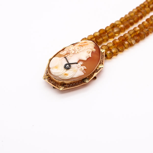 Art Deco 1930 Italy Antique Cameo Necklace In 14Kt Yellow Gold With Carved Citrines