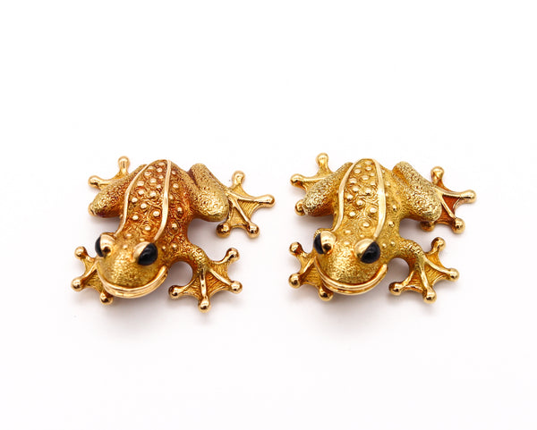 Chanel Paris 1970 Rare Vintage Suite Of Frogs Brooches In 18Kt Yellow Gold With Black Onyx