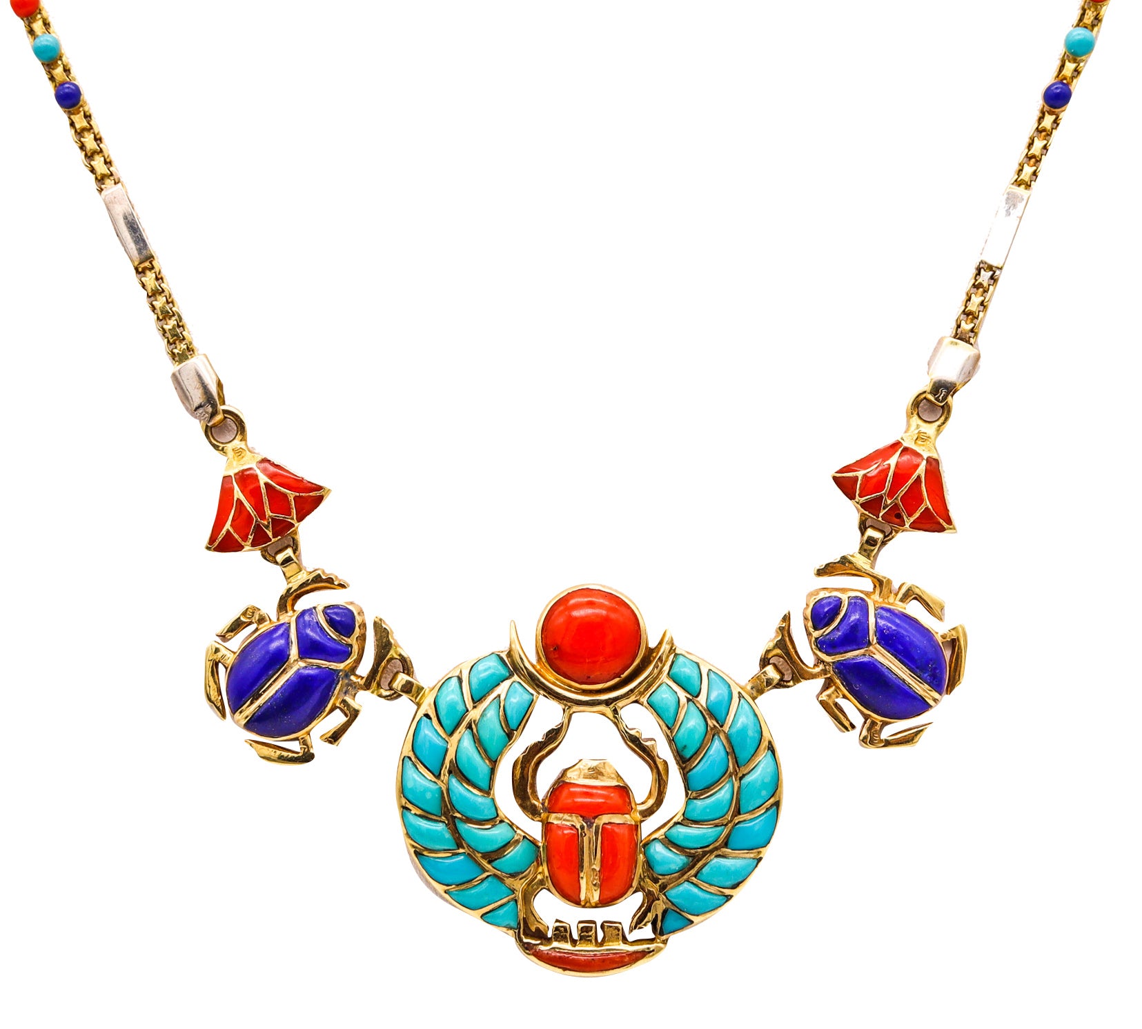 Egyptian Revival King Tut Khepri Scarab Necklace In 18Kt