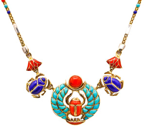 Egyptian Revival King Tut Khepri Scarab Necklace In 18Kt Gold With Carved Gemstones