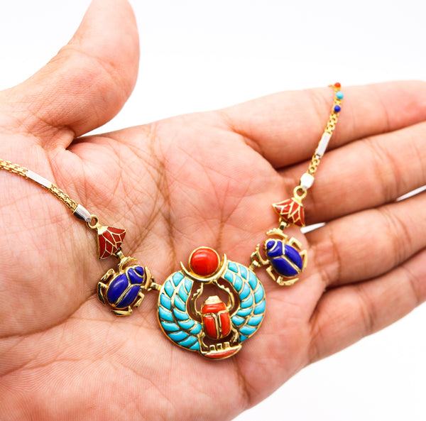 Egyptian Revival King Tut Khepri Scarab Necklace In 18Kt Gold With Carved Gemstones