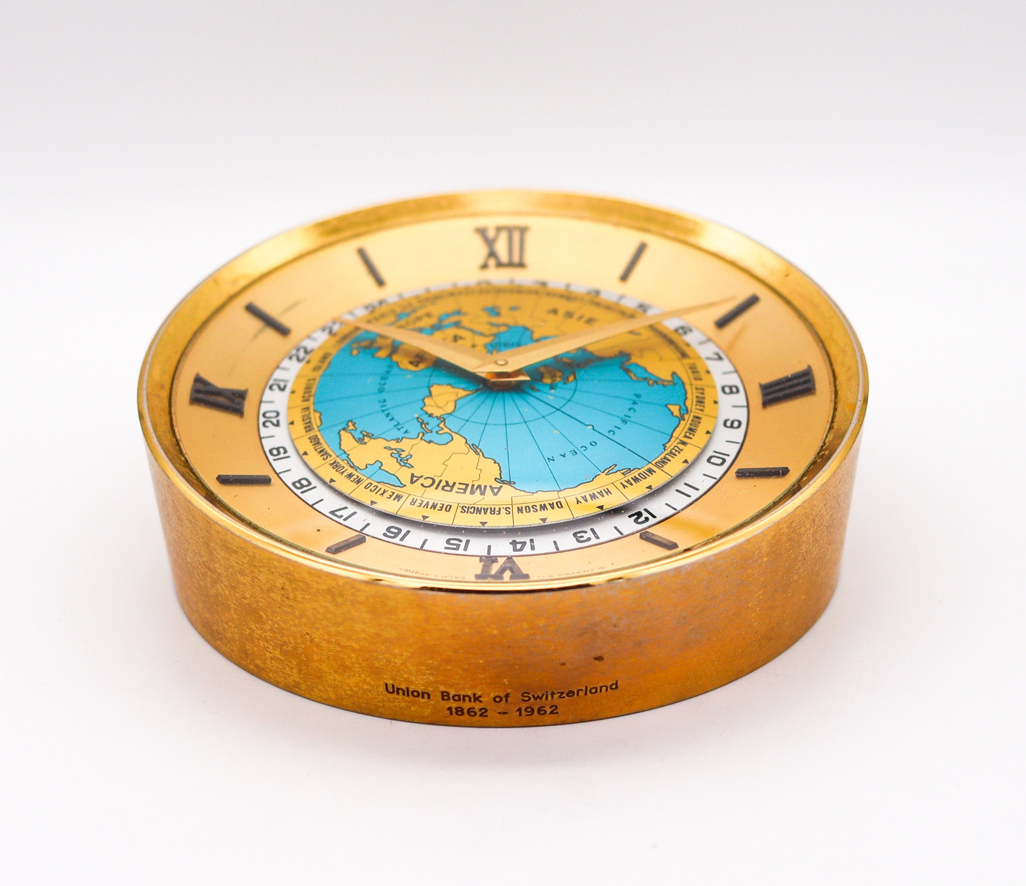 Imhof Switzerland 1960 World Timer 8 Days Desk Clock In Bronze And