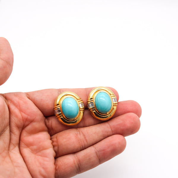 Modernist Clip Earrings In 18Kt Yellow Gold With 29.14 Ctw In Turquoises And VS Diamonds