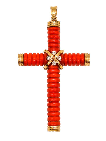 -Italy Napoles Fluted Red Coral Cross In 14Kt Yellow Gold With Four Diamonds