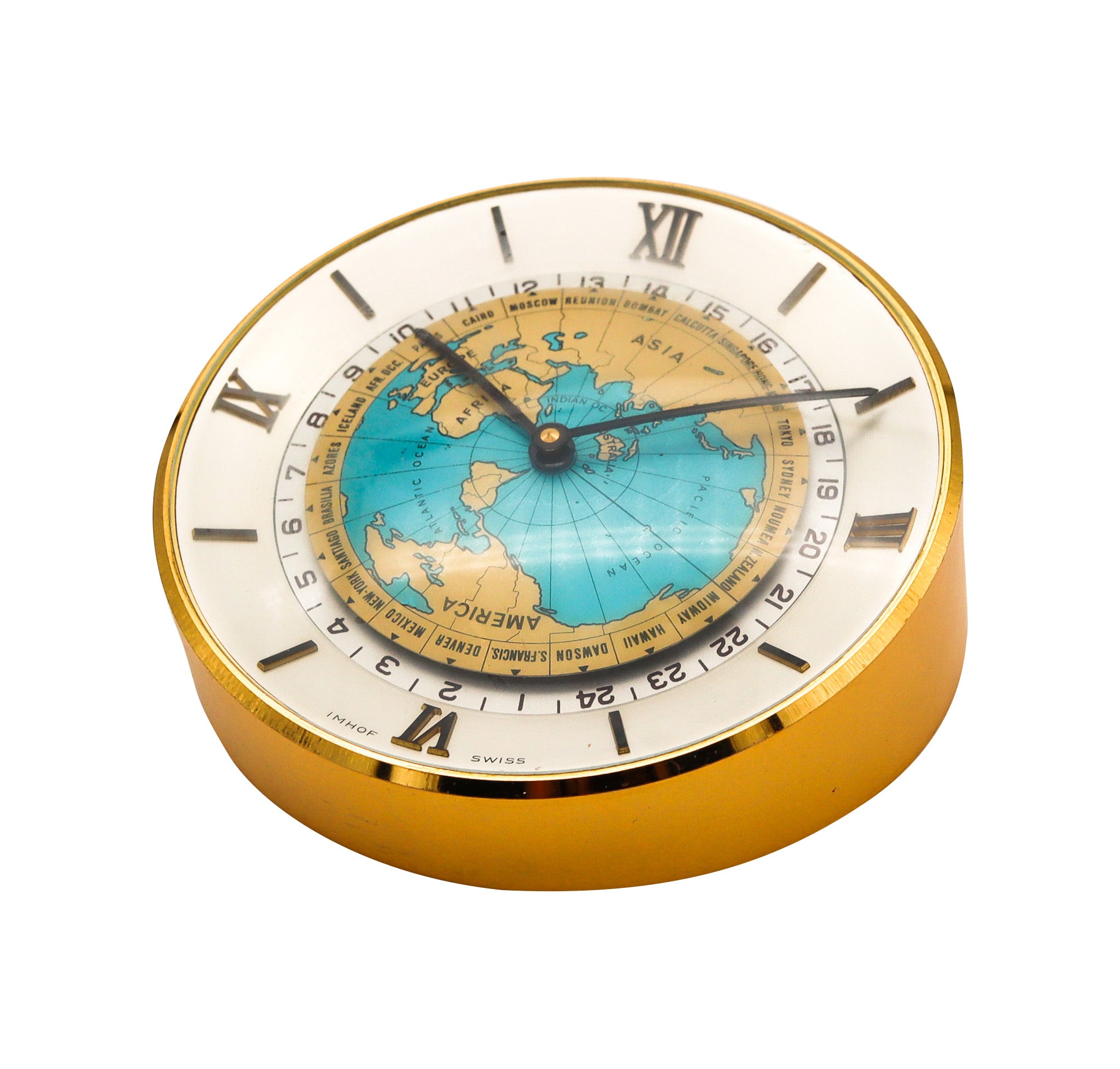 Imhof Switzerland 1960 World Timer 8 Days Desk Clock In Bronze