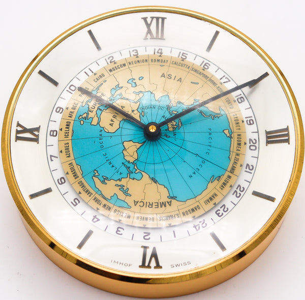 Imhof Switzerland 1960 World Timer 8 Days Desk Clock In Bronze With 24h Scales