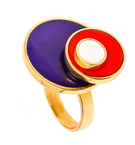 Schmitt And Staib Germany 1971 Mondrianesque Enamel Kinetic Spinner Ring In 18Kt Yellow Gold