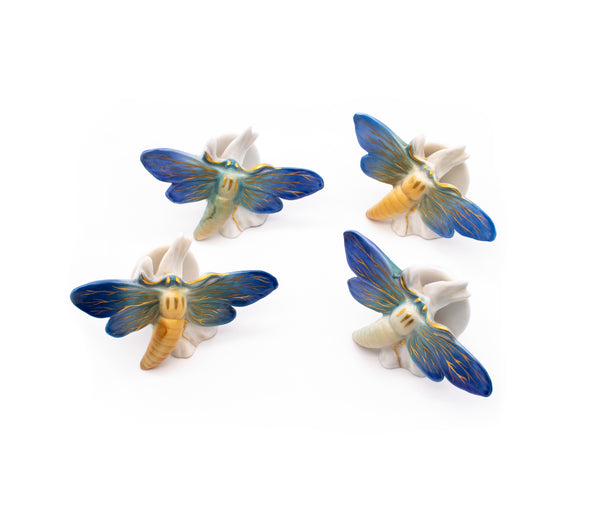 *Dresden Germany 1910 Art Nouveau Dragonfly Table Menu-Cards Holders In Glazed Porcelain