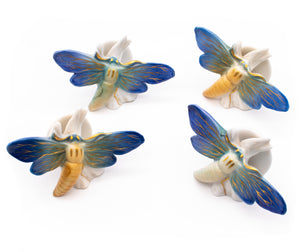 *Dresden Germany 1910 Art Nouveau Dragonfly Table Menu-Cards Holders In Glazed Porcelain